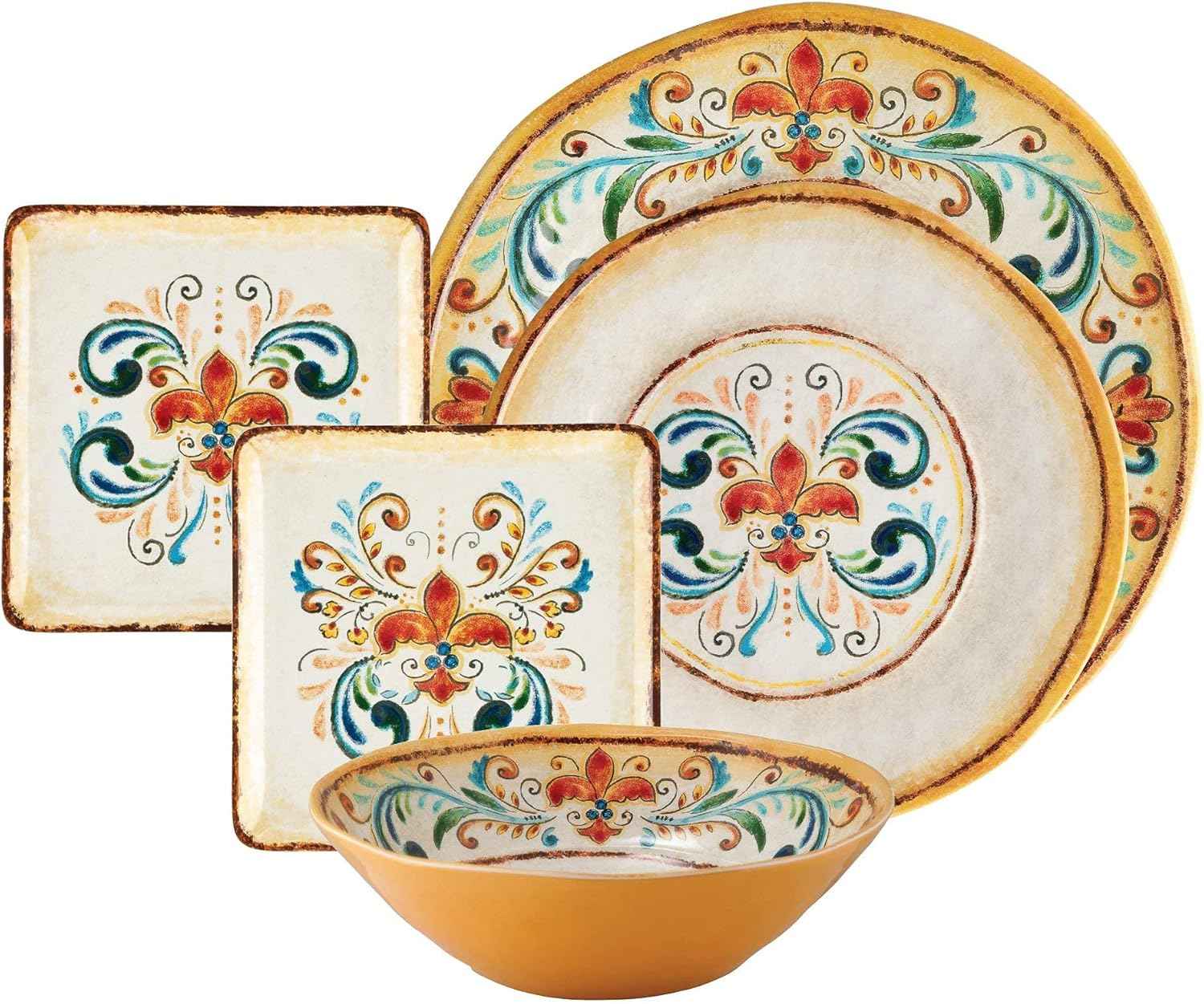 UPware 16 Piece Tuscany Melamine Dinnerware Sets, Outdoor Dishes Set, Plates and Bowls Sets, Service for 4, Multicolor