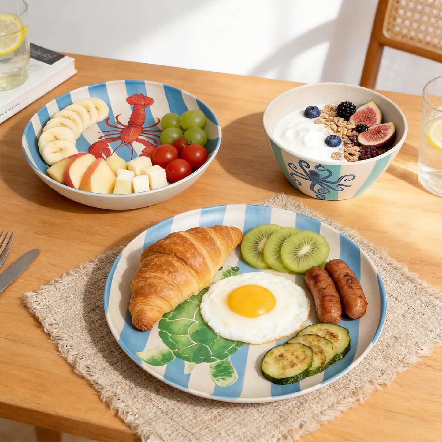 Unbreakable Dinnerware Set for 4 Blue Stripe Lobster Crab 12 Piece Melamine Wheat Straw BPA Free Lightweight Dishwasher Safe Shatter Resistant for Camping Outdoor RV Party