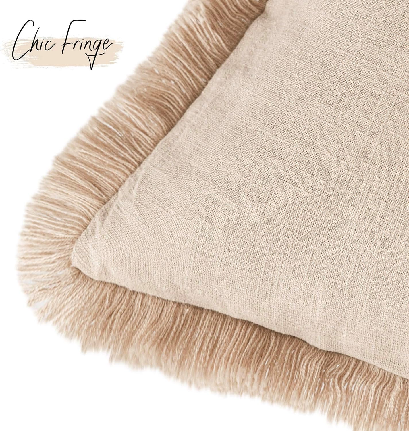 Foindtower Set of 2 Decorative Linen Fringe Throw Pillow Covers Boho Farmhouse Cushion Cover with Tassels Soft Accent Pillowcase for Couch Chair Sofa Bed Living Room Home Decor,24×24 Inch,Tan Beige