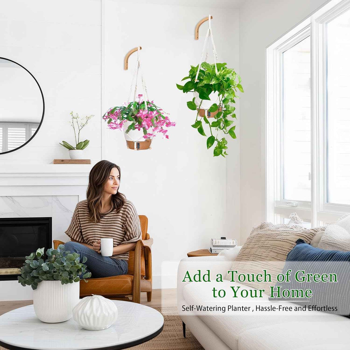 10 Inch Hanging Planters for Indoor Plants, 2 Pack Self Watering Hanging Baskets Flower Pots with Drainage Hole, Visual Reservoir & 2 Kinds of Plant Hanger for Outdoor Garden Home Decor (White)