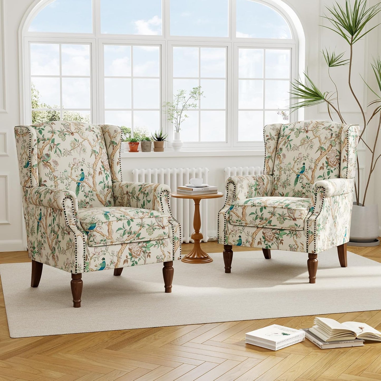 Floral High Back Accent Chair, Upholstered Armchair with Solid Wood Legs, Comfy Wingback Reading Single Sofa Chair for Small Spaces, Living Room, Bedroom(Floral Bird, Set of 1)