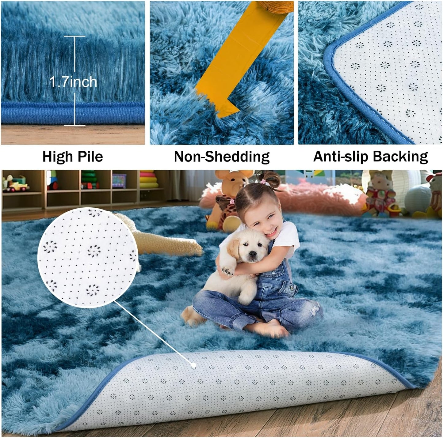 Rezutan Rugs for Living Room, Area Rug 6x9 Fluffy Carpet, Soft Shaggy Modern Floor Rug for Kids Boys Girls Bedroom, Plush Fuzzy Dorm Rug,(Peacock Blue,6ft x 9ft)