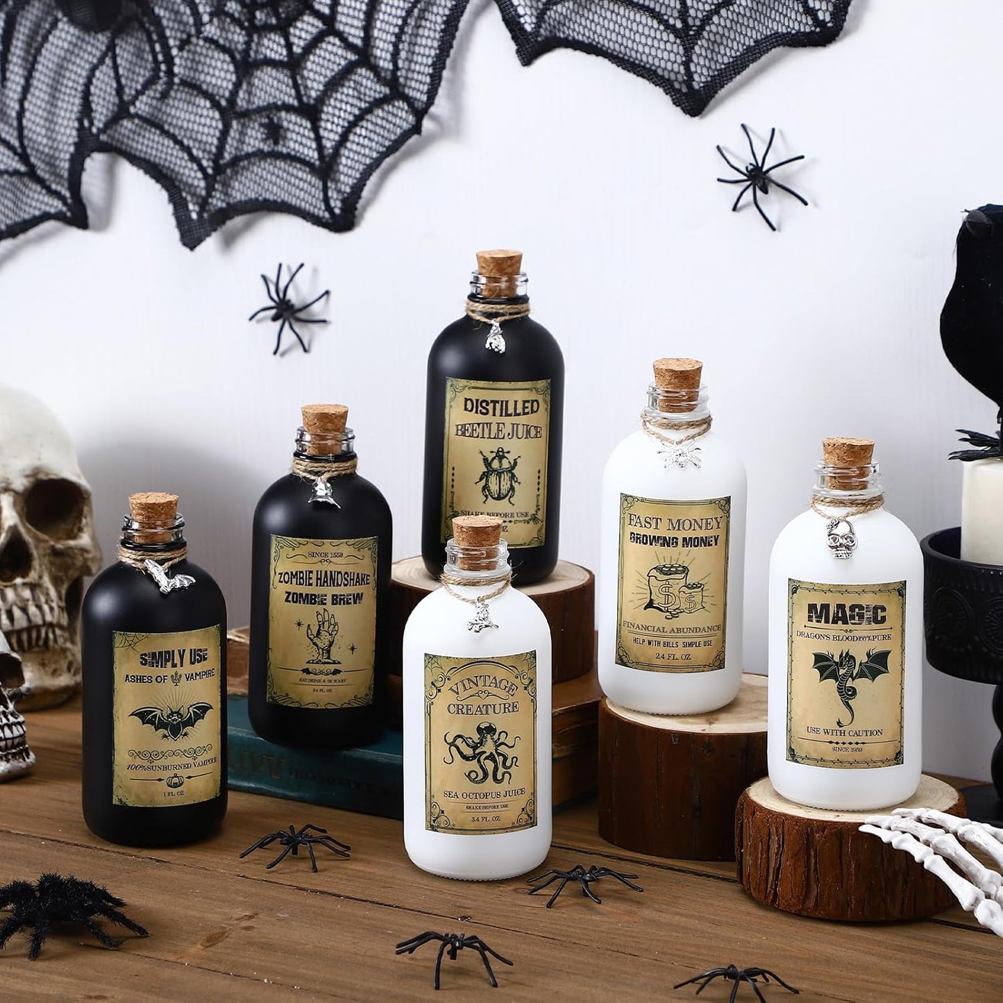 Uiifan 31 Pcs Halloween Potion Bottles Set Including Glass Apothecary Bottles with Cork Stickers and Pendants Halloween Decorations Indoor Party Supplies(White, Black,8.5 oz)
