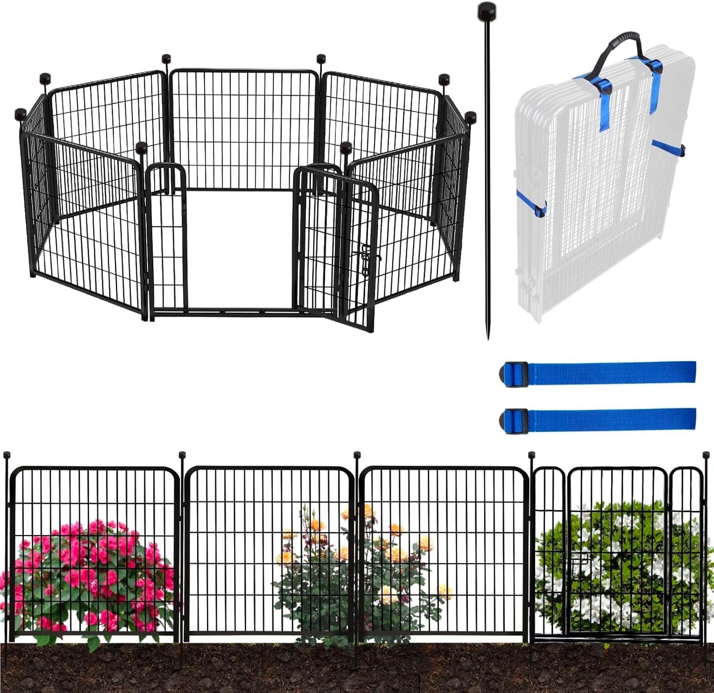 ADAVIN Garden Fence Panels, 36 Inch High, Black, Modern Style, 8 Panels Total 17.7 Ft(L) Tall, Low Threshold Door, Anti-Dig Fence Barrier