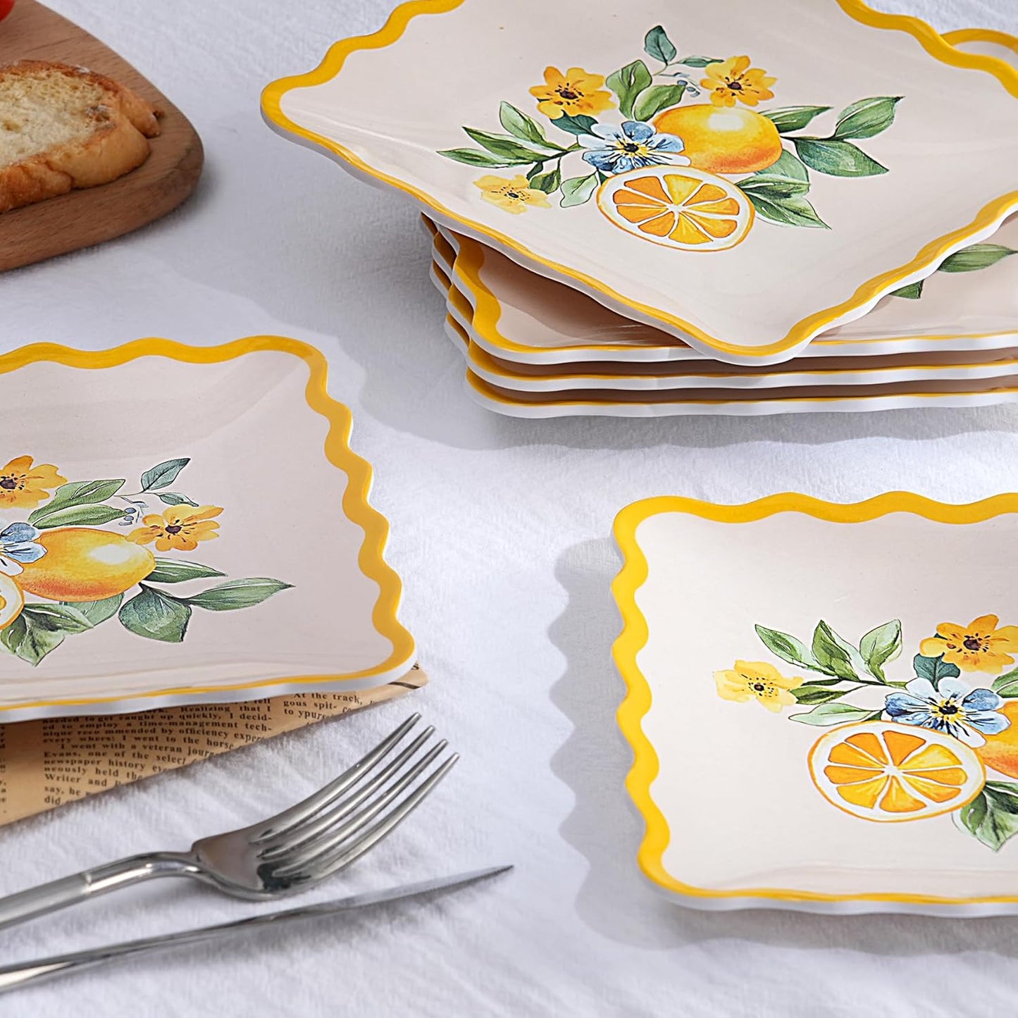 6.6 Inch Square Plates & 8.8 Inch Rectangle Plates, Melamine Dinnerware Set for RV, Camping, Outdoor, Lemon Design, 12 Pcs, Lightweight & Durable