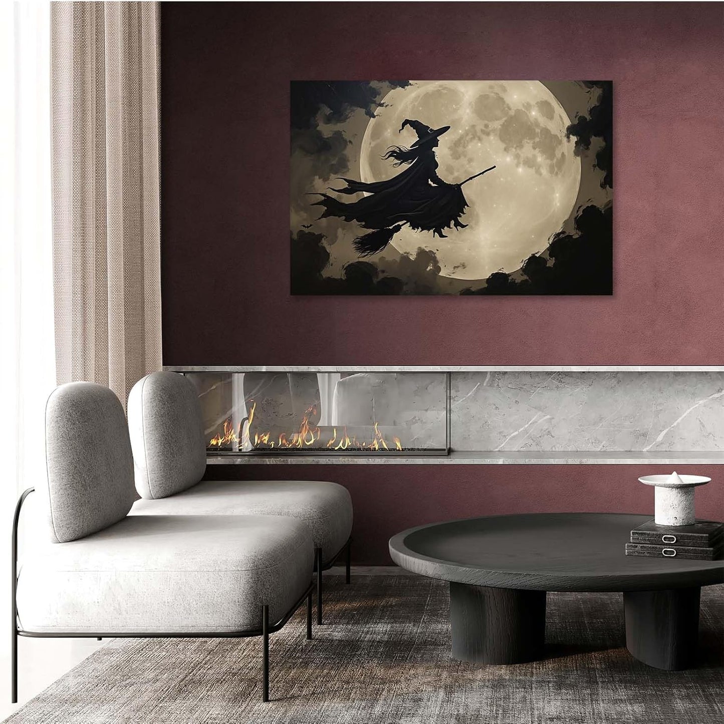 JFHCQJPK Full moon witch silhouette poster witch on magic broom Halloween mural poster decorative mural art suitable for home living room bedroom8x12in Frameless