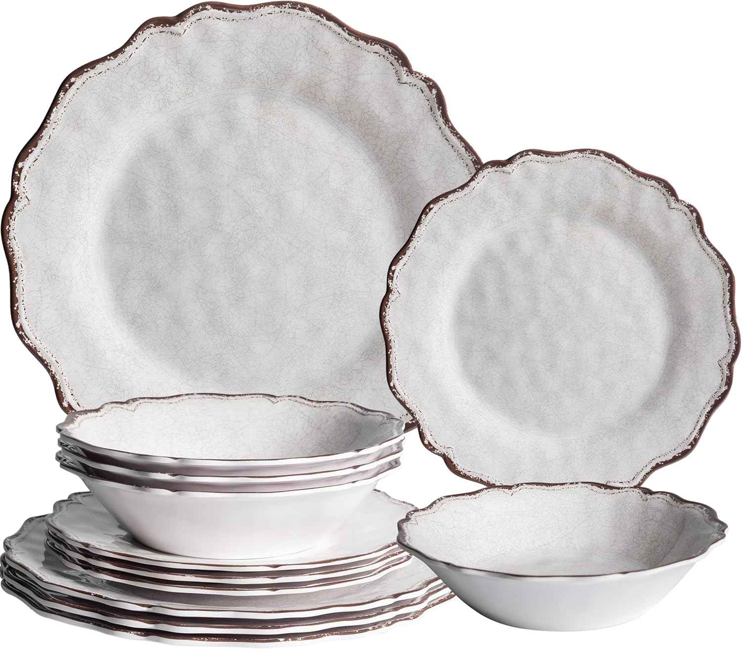 LEHAHA Farmhouse White Melamine Dinnerware Sets, 12 Piece Plates and Bowls Set, Perfect Weight and Unbreakable Camping Dishes Dinnerware Sets, Service for 4, Indoor and Outdoor Use, Dishwasher Safe