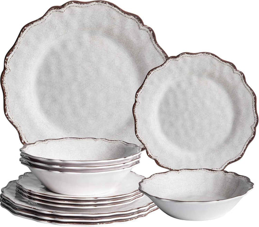 LEHAHA Farmhouse White Melamine Dinnerware Sets, 12 Piece Plates and Bowls Set, Perfect Weight and Unbreakable Camping Dishes Dinnerware Sets, Service for 4, Indoor and Outdoor Use, Dishwasher Safe