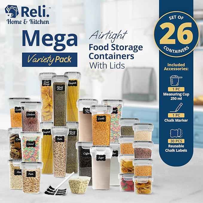 Reli. Airtight Food Storage Containers with Lids (26 Sets) | Kitchen Organizers and Storage Pantry Organizers | BPA Free Plastic Food Containers | Mega Variety Pack w/Measuring Cup, 30 Labels, Pen