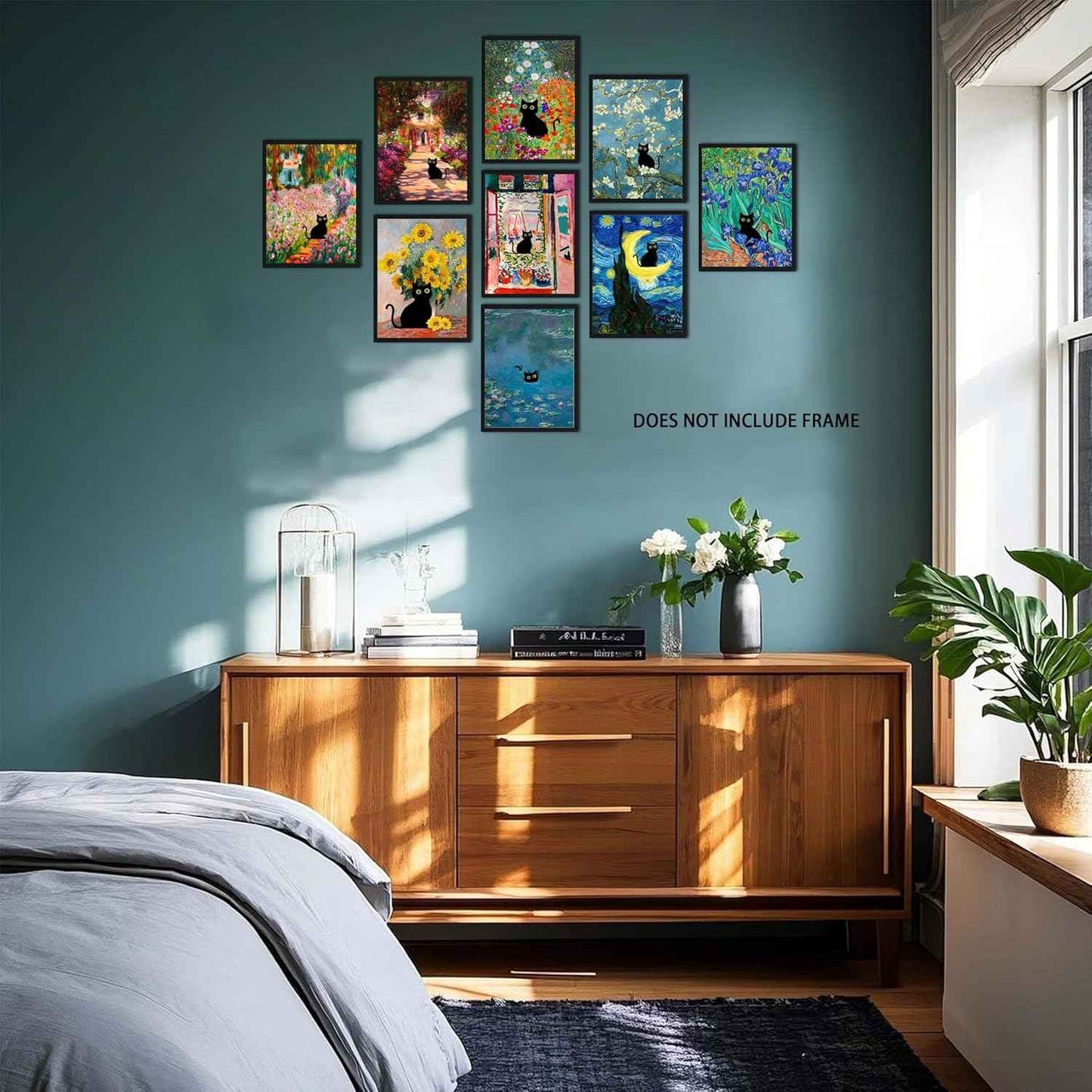Funny Black Cat Wall Art Set of 9, Cute Cat Animal Posters Prints Pictures, Vintage Monet Floral Famous Aesthetic Wall Decor Painting for Living Room Bathroom Home Decor 8x10 Inch Unframed
