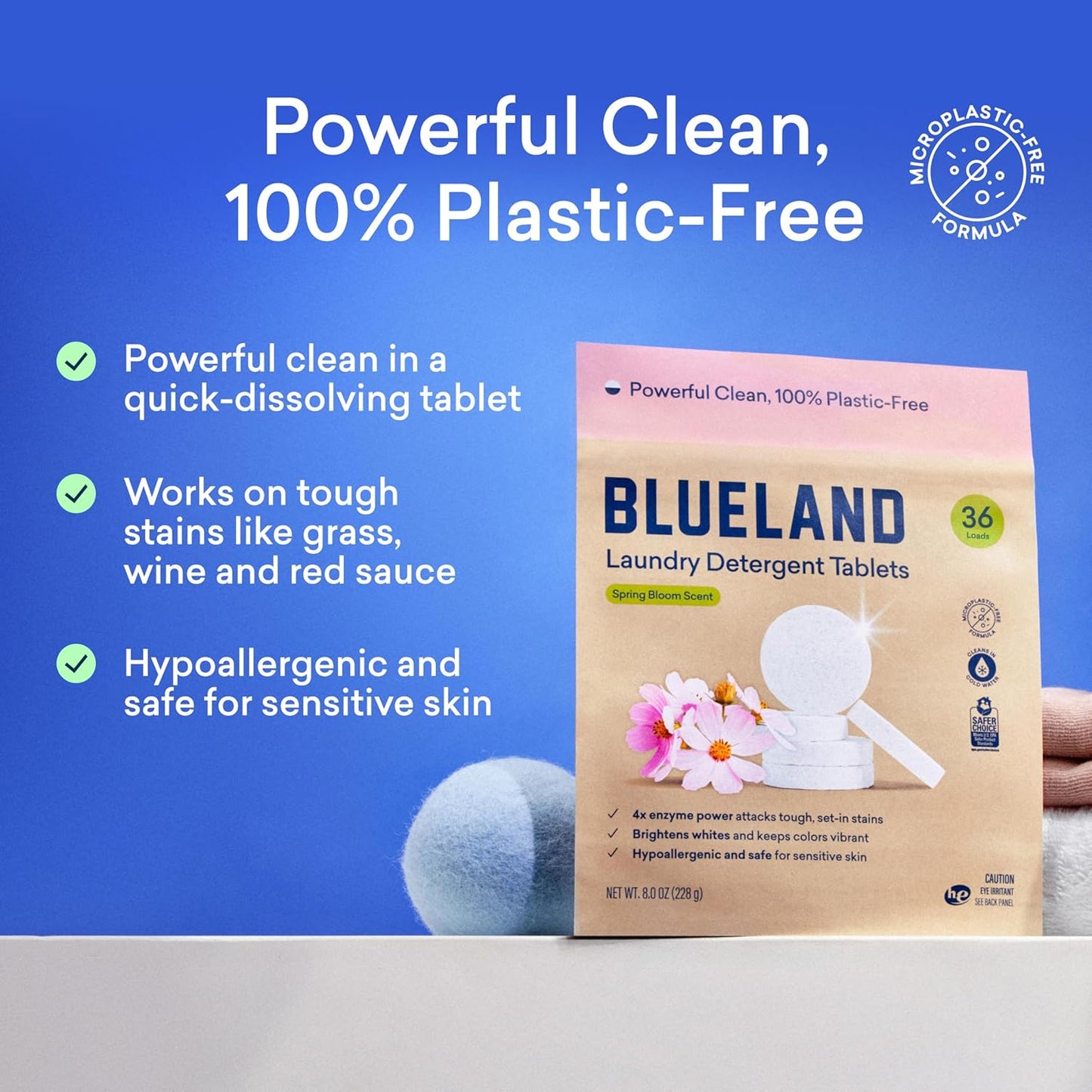 BLUELAND Laundry Detergent Tablets, 36 Count, Spring Bloom Scent, Plastic-Free Eco-Friendly Pods, Sheets, Liquid Alternative - Safe for Sensitive Skin, Gentle
