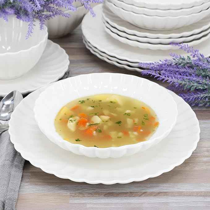 Elama Jane 16 Piece Scalloped Double Bowl Porcelain White Dinnerware Set, Serveware, Tableware, Bowls, Plate Set (Jane)