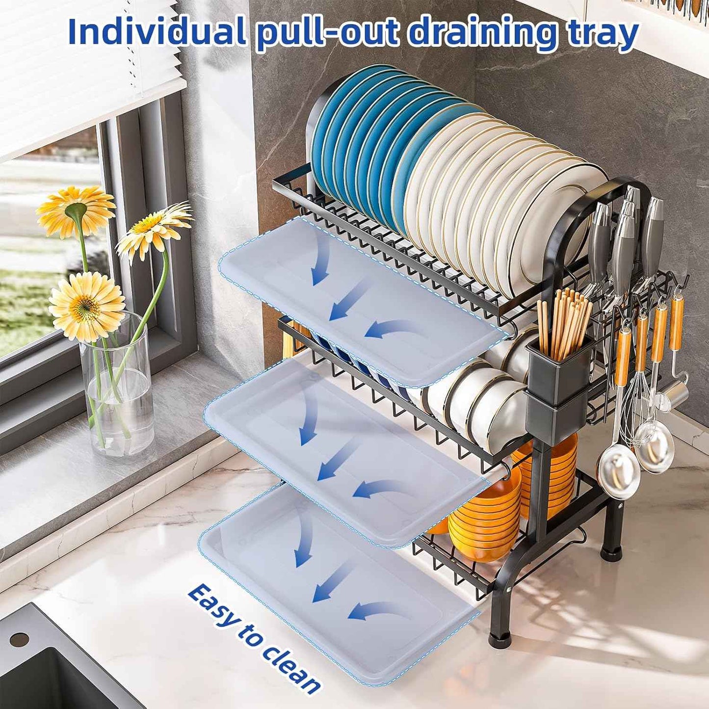Dish Drying Rack 3 Tier Large Capacity Kitchen Dish Draining Rack Countertop Cultery Drainer with Drip Tray