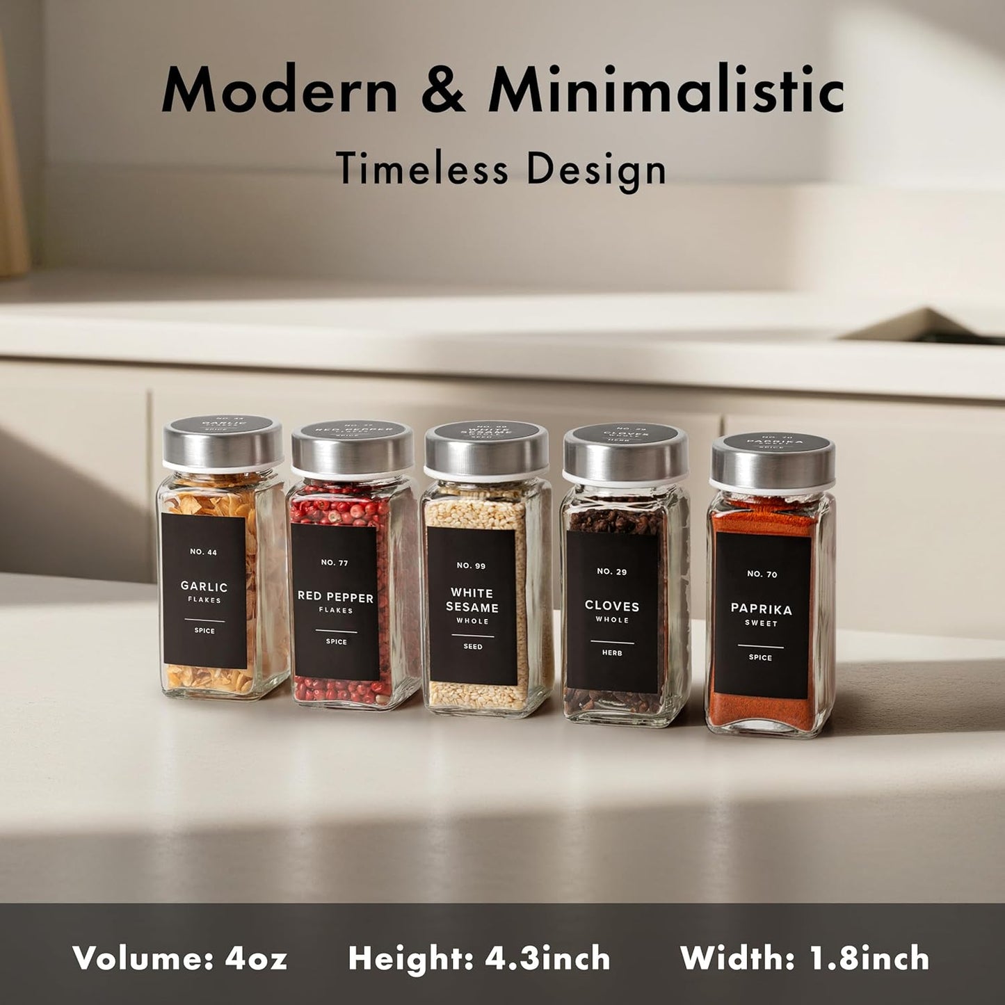 Glass Spice Jars with Labels and Steel Lids (24 x 4oz) Spice Containers with 240 Label, Steel Funnel, Shaker Inserts, Empty Square Seasoning Organizer for Spice Rack, Cabinet, Drawer