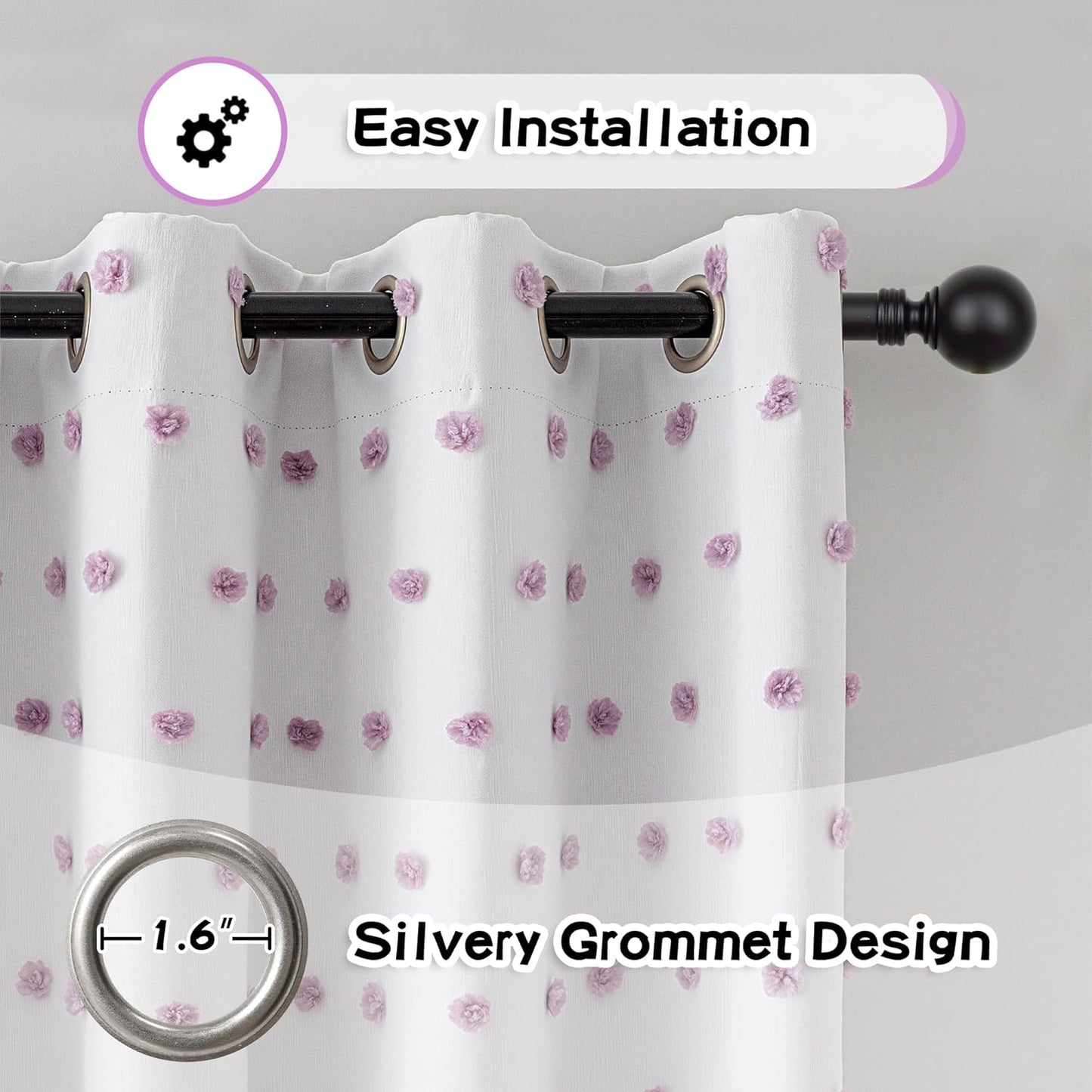 MYSKY HOME 100% Blackout Curtains for Girls Bedroom 54 Inch Long Purple Pom Pom Full Blackout Curtains for Kids Room 2 Panels Room Darkening Small Window Treatment Grommet 2 Layered Drapes 52"W x 54"L
