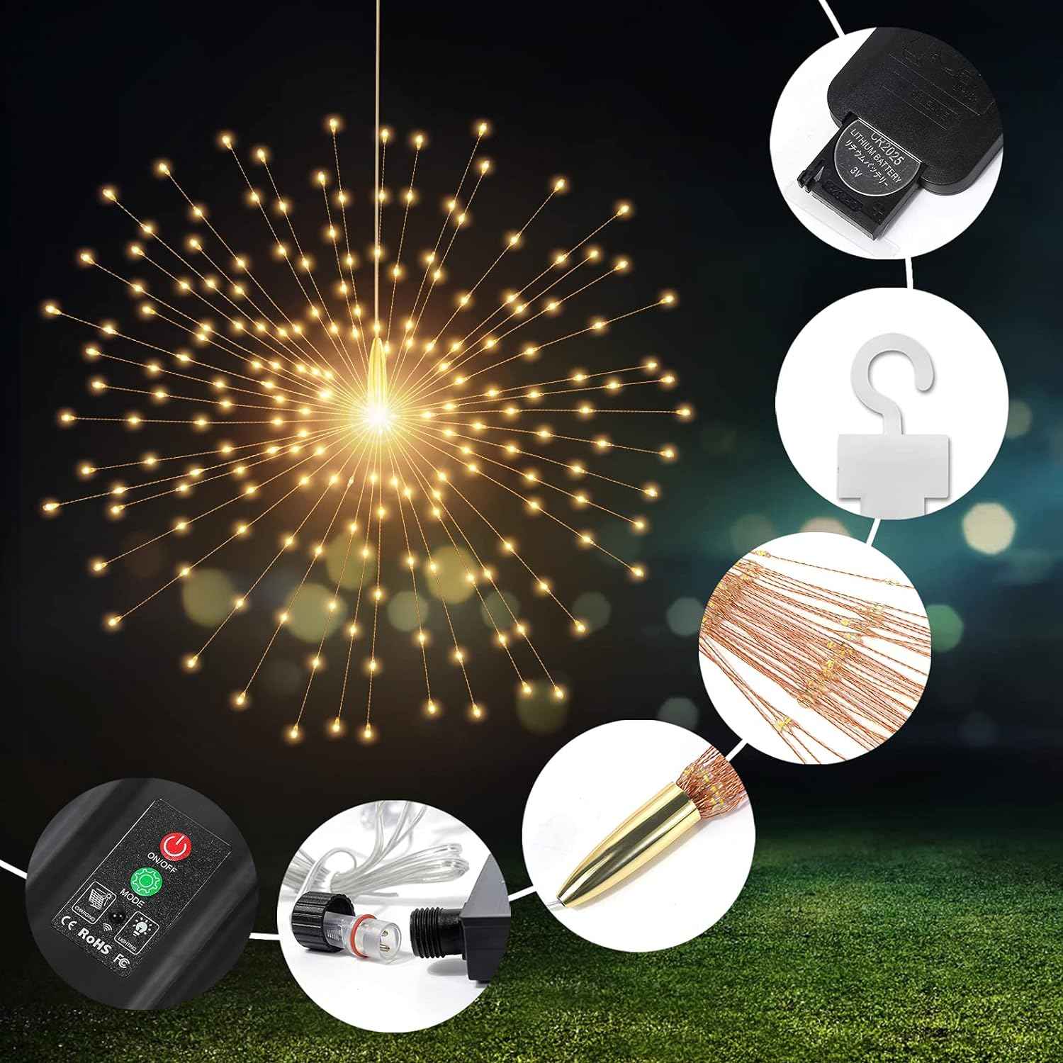 4 Pcs 800LED Solar Starburst Sphere Lights,Firework Light Remote Control Timer 8 Modes Dimmable Waterproof Hanging Fairy Lights, Sparkly Light for Patio Garden Tent Outdoor(Warm White)