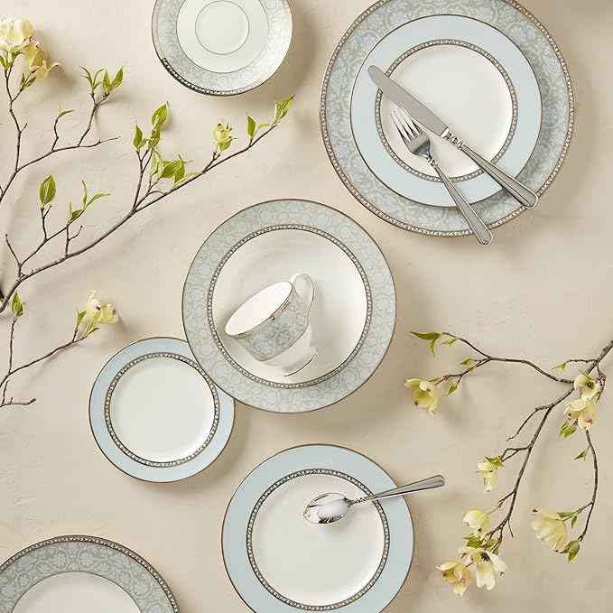 Lenox Dinnerware Set, Westmore 5-Piece Place Setting Set, Service for 1, Bone China Dinnerware, Dishwasher And Microwave Safe, Plate, Saucer, and Teacup, Kitchen and Dining (White/Blue, 5 Piece)