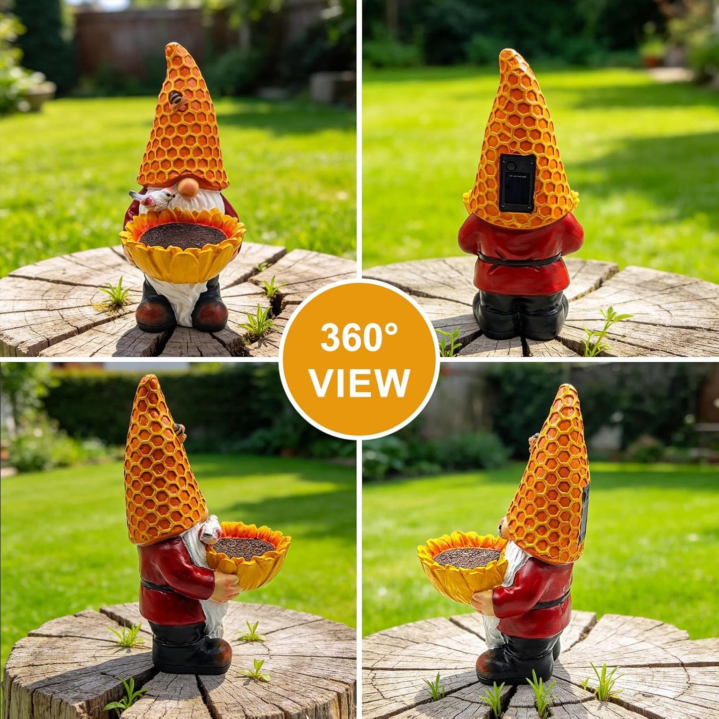 Solar Gnome Garden Statue with Honeycomb Hat & Sunflower Bird Feeder - Outdoor Decor with LED Lights for Patio, Lawn, Yard, Porch, Backyard,Best Garden Gifts for Mothers Day, Housewarming, Festival