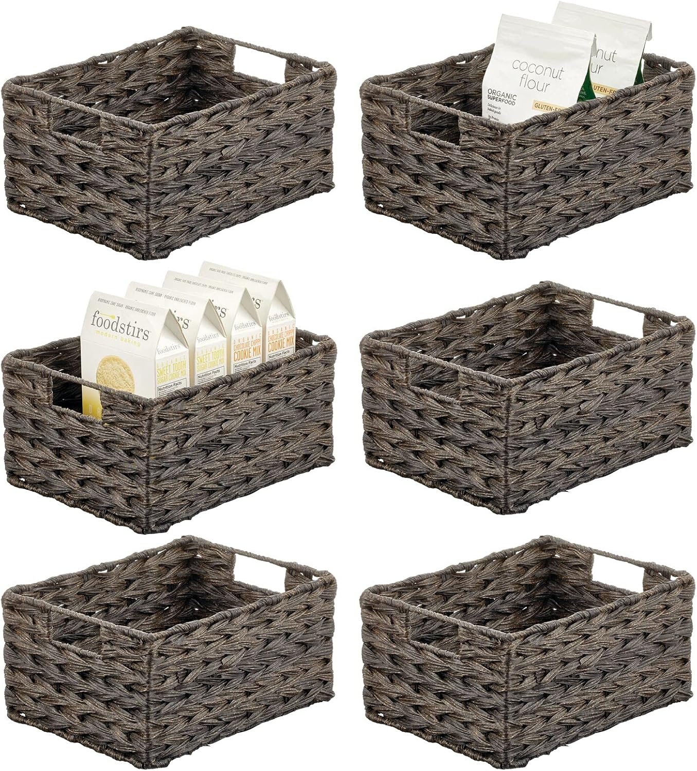 mDesign Woven Farmhouse Kitchen Pantry Food Storage Organizer Basket Box - Container Organization for Cabinets, Cupboards, Shelves, Countertops, Store Potatoes, Onions, Fruit, 6 Pack, Espresso Brown