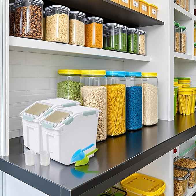 Saim Rice Container 25 lbs, Large Airtight Flour Storage Container with Wheels Measuring Cup, 2 Pack a Set BPA free Food Bin Grain Organizer Box for Dry Baking Supplies Kitchen Pantry Cereal (Green)