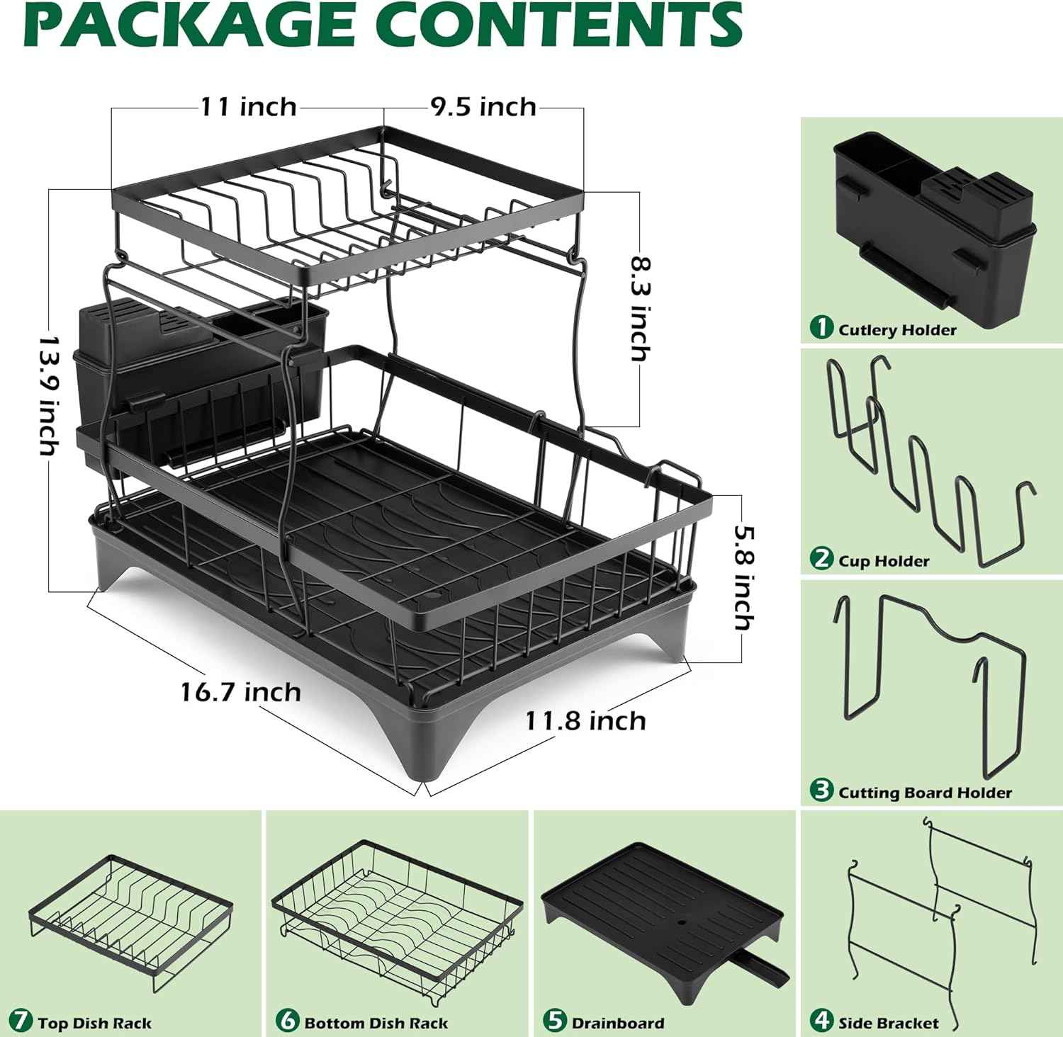 E-far Dish Drying Rack for Kitchen Counter, 2 Tier Small Dish Drainer Drying Rack, 16.7" x 11.8" x 13.9" Metal Organizer with Drainboard and Utensil Holder, Large Capacity & Space Saving, Black