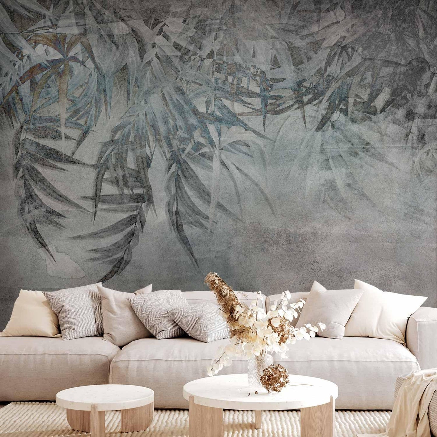 artgeist Premium Wall Mural Leaves 79x55 in - XXL Non-Woven Wallpaper Fleece Wall Decor Photo Print Picture Image Design Palm Leaves Concrete Nature Grey b-C-10103-a-a