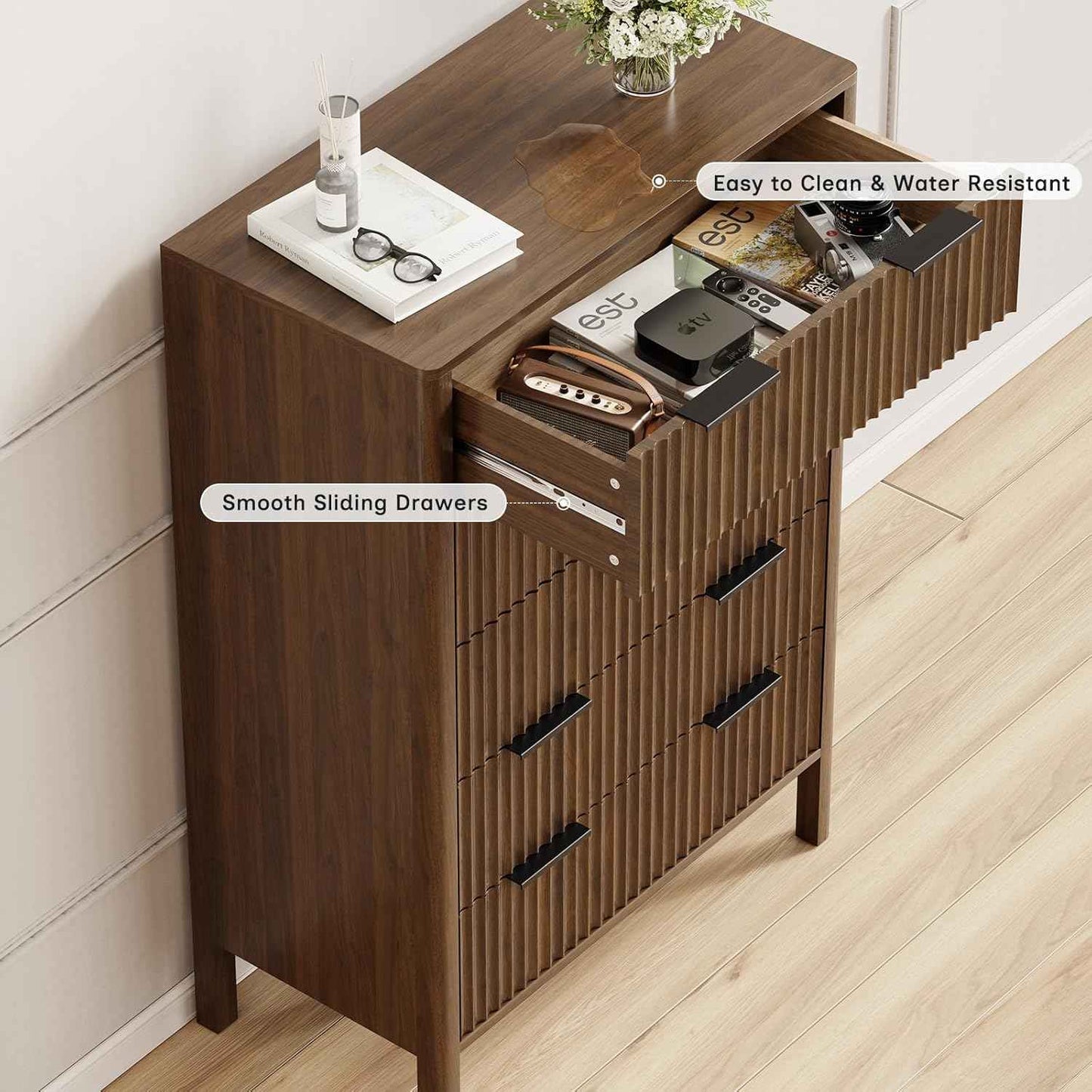 47 Inch Tall Dressers for Bedroom Fluted 5 Drawer Dresser, Wooden Dresser Modern Chest of Drawers Dressers with Organizer Storage for Bedroom, Living Room, Entryway, Walnut