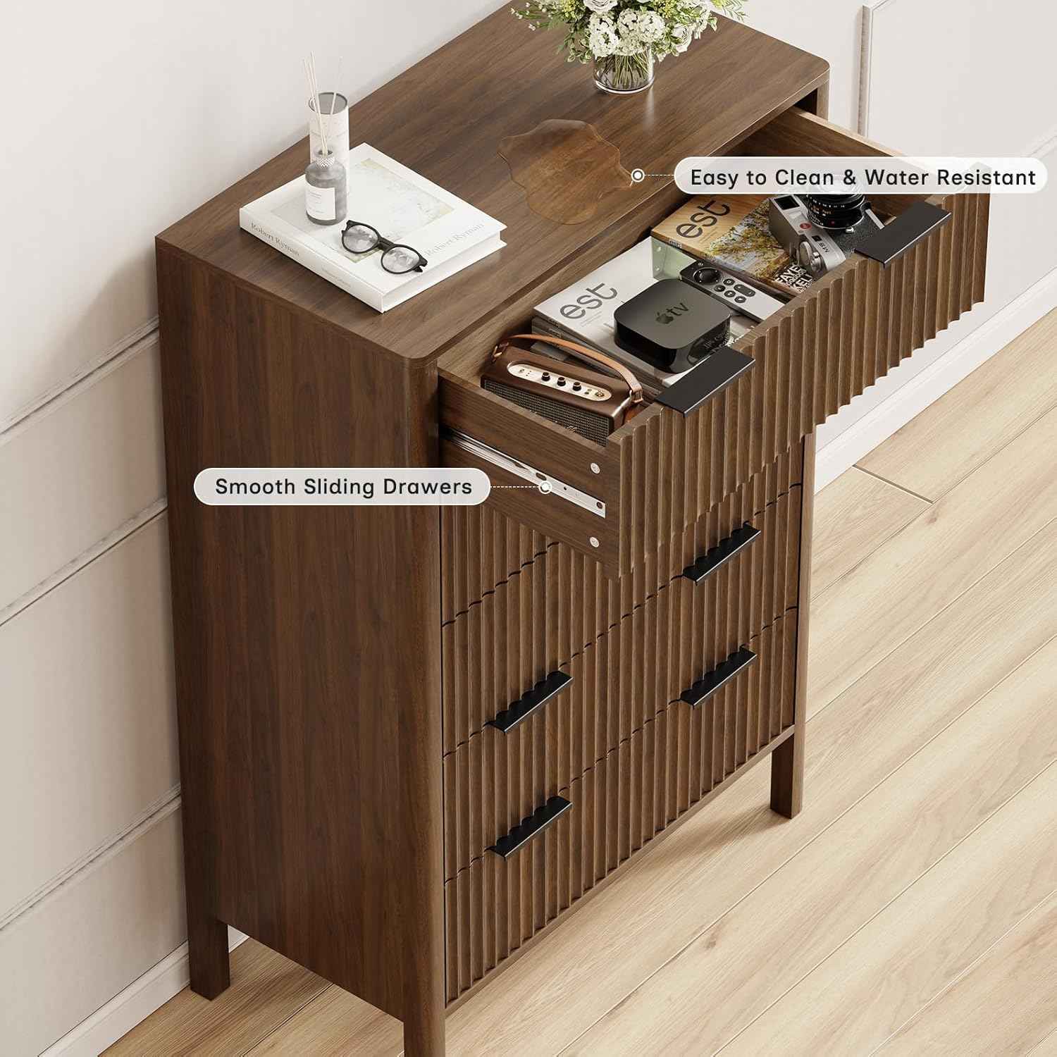 47 Inch Tall Dressers for Bedroom Fluted 5 Drawer Dresser, Wooden Dresser Modern Chest of Drawers Dressers with Organizer Storage for Bedroom, Living Room, Entryway, Walnut