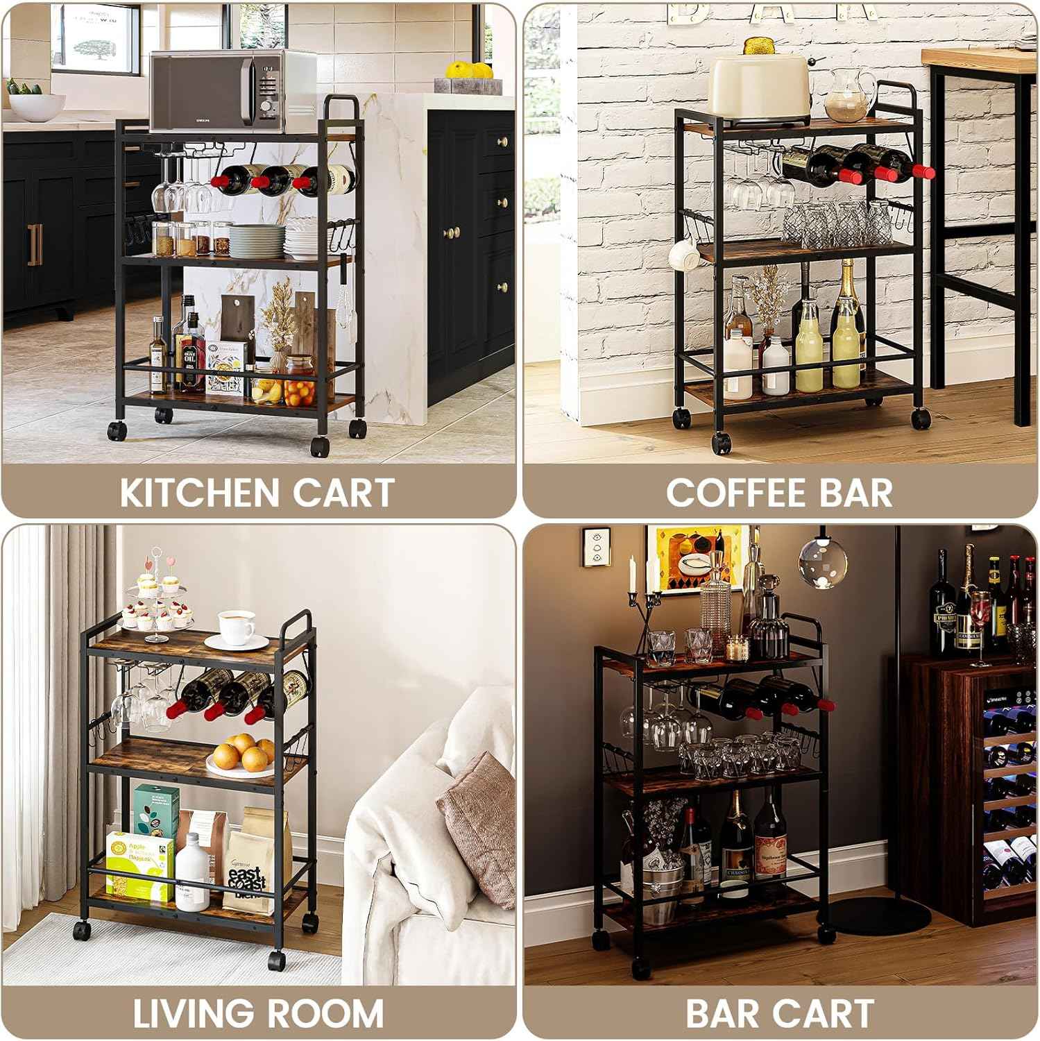 Bar Cart, Serving Cart for Home, Microwave Cart, Drink Cart, Mobile Kitchen Shelf with Wine Rack and Glass Holder, Rolling Beverage Cart for Dining Room(Rustic Brown and Black)