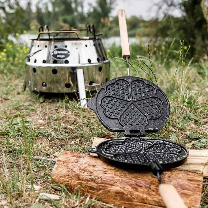 Petromax Rotating Waffle Iron with Turning Stop Frame, for Heart Shaped Waffles When Camping, Cast Iron with Wood Handles