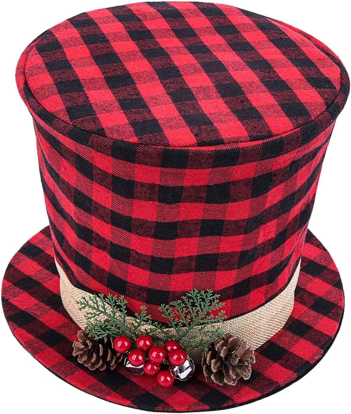 codree Christmas Tree Topper Top Hat - Red and Black Buffalo Plaid Top Hat with Pinecone Berry Bell-Christmas Tree Topper Fabric Top Hat for Winter Holiday Xmas Tree Decor