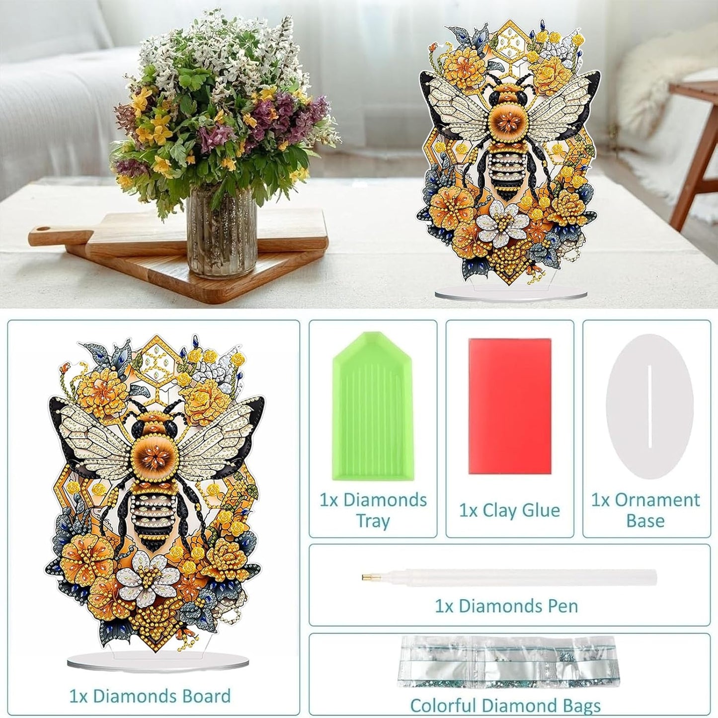 Diamond Painting Kits for Adults Beginners, 5D Full Drill Bee Crystal Art Desktop Ornament, DIY Single Sided Home Office Desk Decor, Creative Craft Gift Set with Tools