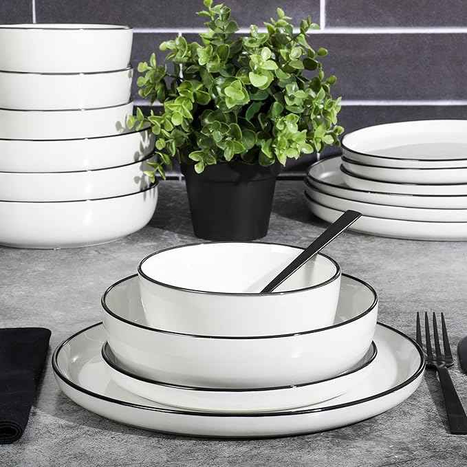 Gibson Home Oslo 16-Piece Porcelain Dinnerware Set, Service for 4 – White Plates with Black Rim, Microwave & Dishwasher Safe