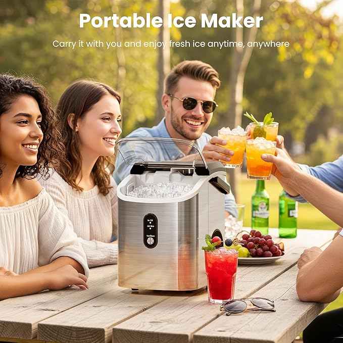 Antarctic Star Nugget Ice Makers Countertop with Handle, 35lbs/Day, Portable Sonic Ice Machine with Auto-Cleaning, Basket and Scoop for Home/Kitchen/Office/Camping(Stainless Steel Silver)