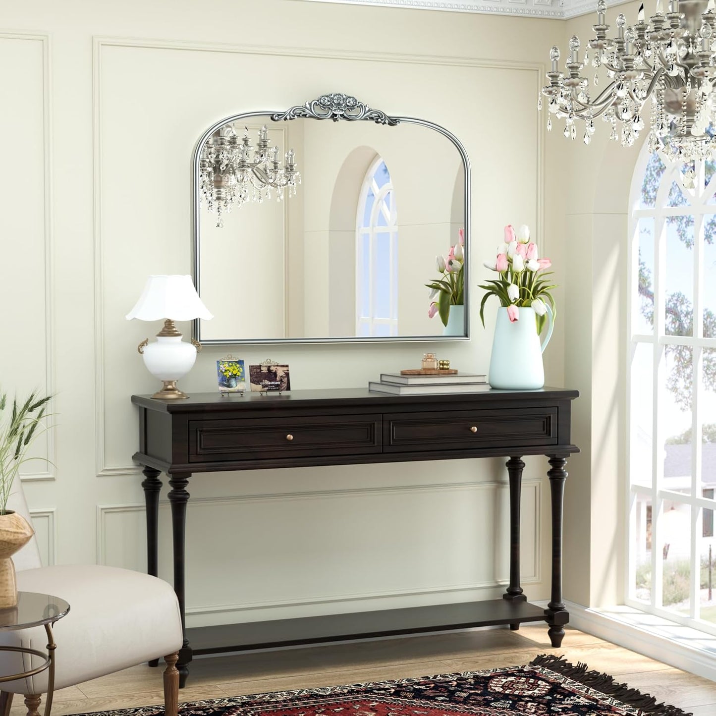 Keonjinn Vintage Mirror for Wall, 36" x 30" Silver Antique Mirrors with Metal Frame, Baroque Style Decoration for Mantle, Bathroom, Living Room, Fireplace, Bedroom, French Cleat Mounting