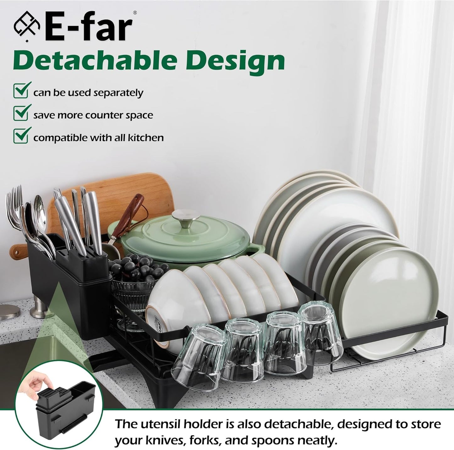E-far Dish Drying Rack for Kitchen Counter, 2 Tier Small Dish Drainer Drying Rack, 16.7" x 11.8" x 13.9" Metal Organizer with Drainboard and Utensil Holder, Large Capacity & Space Saving, Black