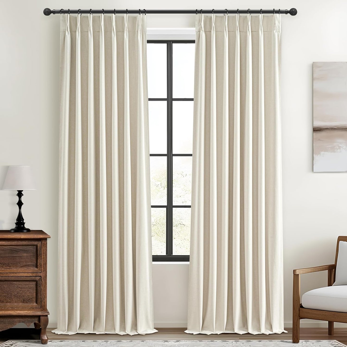 Pinch Pleat Cream Linen 100 Inch Long Tall Curtains for Dining Room 2 Panels Set, Neutral Blackout Viral Curtain with Hooks&Rings for Sliding Glass/Office/Sunroom Privacy Thermal Drapes 40" W x 100" L