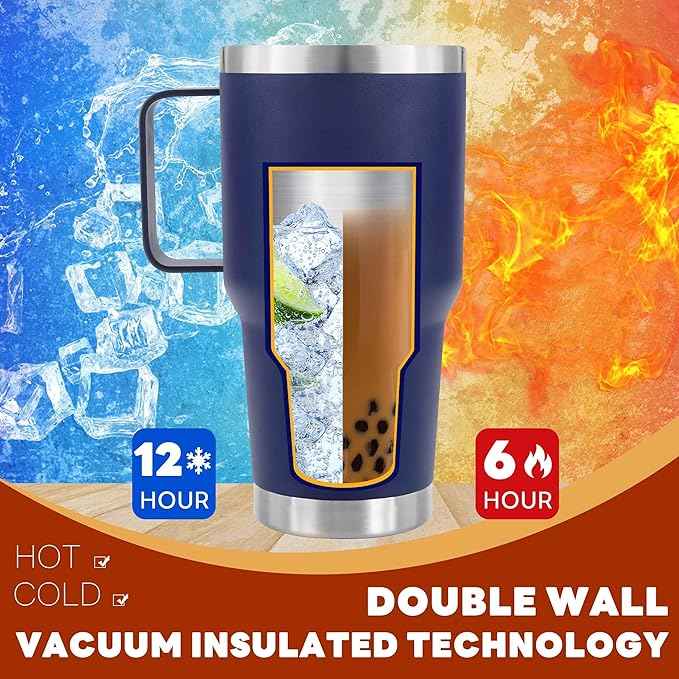 30 oz Tumbler With Handle, Double Wall Stainless Steel Vacuum Insulated Travel Mug with Splash-Proof Lid Metal Straw and Brush (Navy)