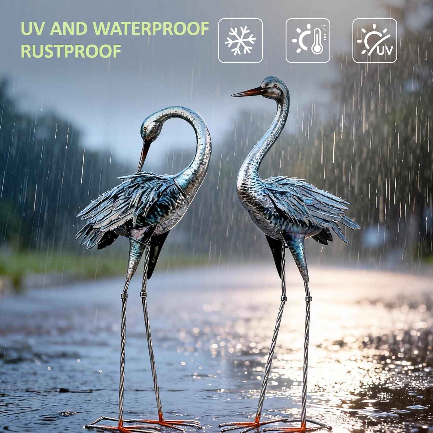 Kircust Garden Crane Statue for Outdoor, Blue Heron Decoy Garden Sculptures and Statues, Metal Bird Yard Art for Lawn Patio Decor, Set of 2