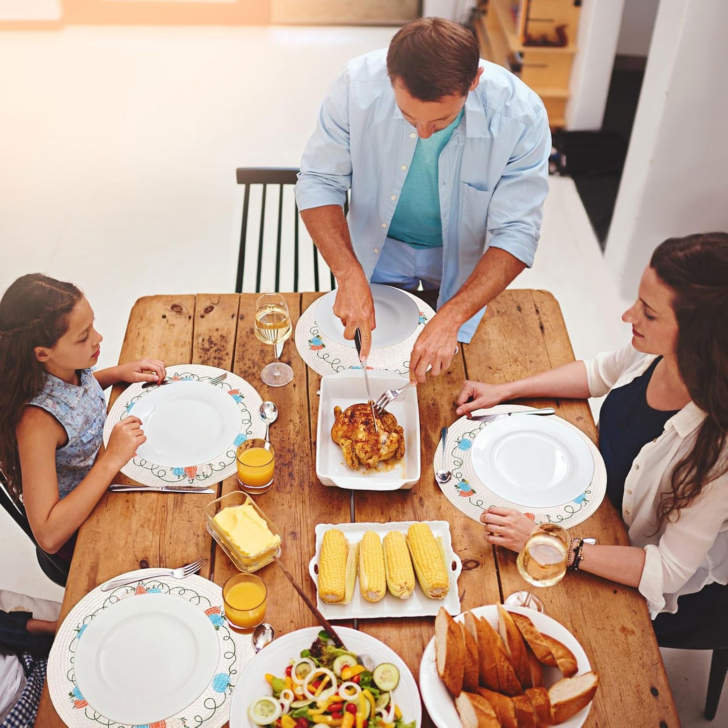 Whaline 4Pcs Round Fall Placemats Pumpkin Embroidered Place Mats Autumn Dinner Table Mats for Home Harvest Thanksgiving Holiday Party Decor