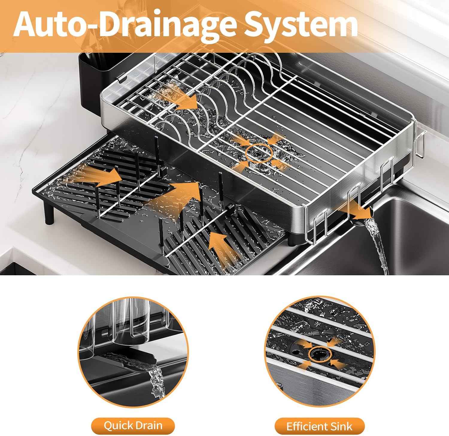 Urackify Dish Rack for Kitchen Counter, 304 Stainless Steel Dish Drying Rack, Expandable Dish Drainer, Foldable Dish Strainer with Cutlery Holder, Kitchen Plate Rack (Black, Large Size)