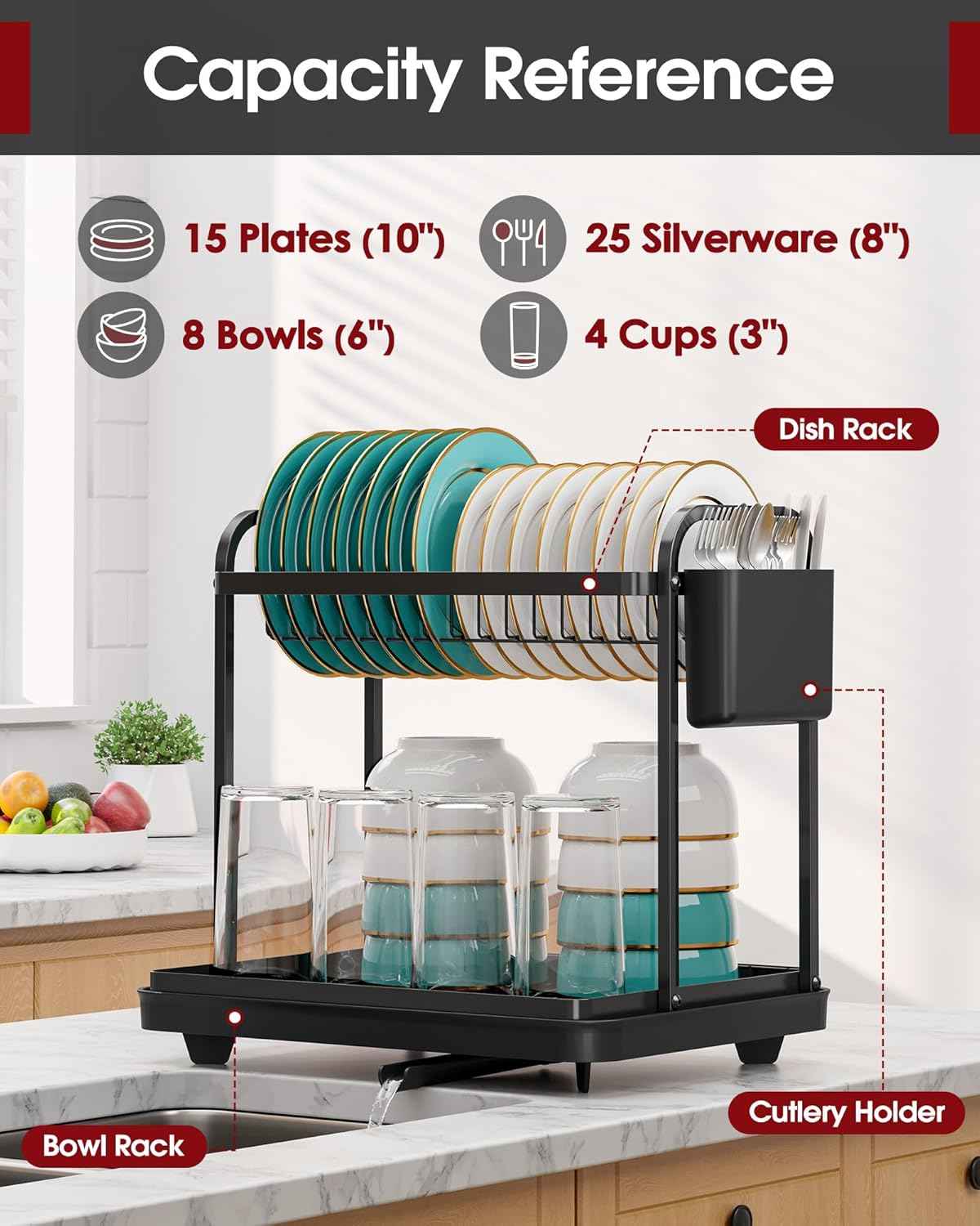 Sakugi 2-Tier Dish Drying Rack - Stainless Steel Dish Rack with Cutlery & Utensil Holders for Kitchen Counter, Sink Organization and Storage for Small Family, 15" W x 11.4" L x 15" H, Black