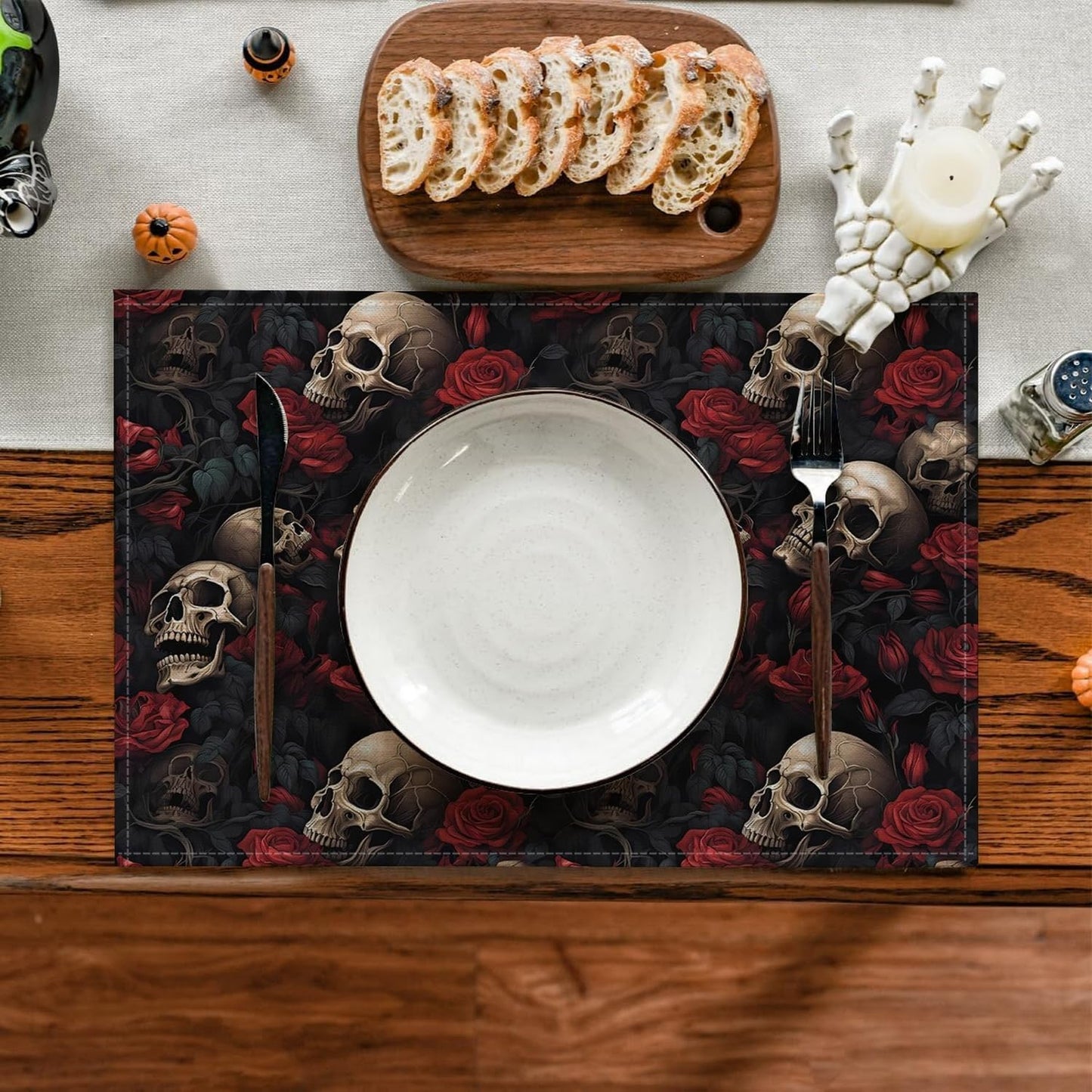 Halloween Skull Rose Placemats, Washable Heat Resistant 12×18 Inch Table Mats Floral Place Mats for Party Outdoor Decoration Kitchen Dining Décor