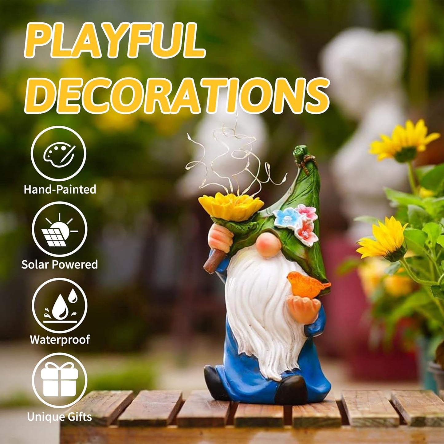 Outdoor Garden Gnomes Statue: 9.5‘’ Solar Garden Decor with LED Light Patio Yard Lawn Funny Decoration Housewarming Birthday Gifts for Women