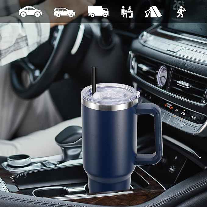 DOMICARE 40 oz Tumbler with Handle and Straw, Stainless Steel Tumbler with Lid and Straw, Reusable Vacuum Insulated Cup, Travel Coffee Mug, Navy Blue, 1Pack