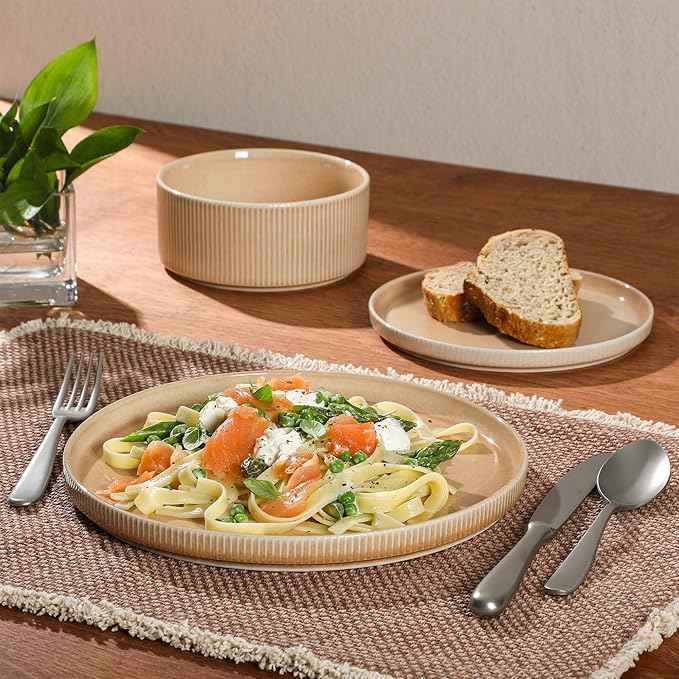 Gibson Elite Solana Coast 12 Piece Stoneware Reactive Glaze (Service for 4) Ceramic Plates and Bowls Modern Shape Embossed Dinnerware Set - Terracotta Orange