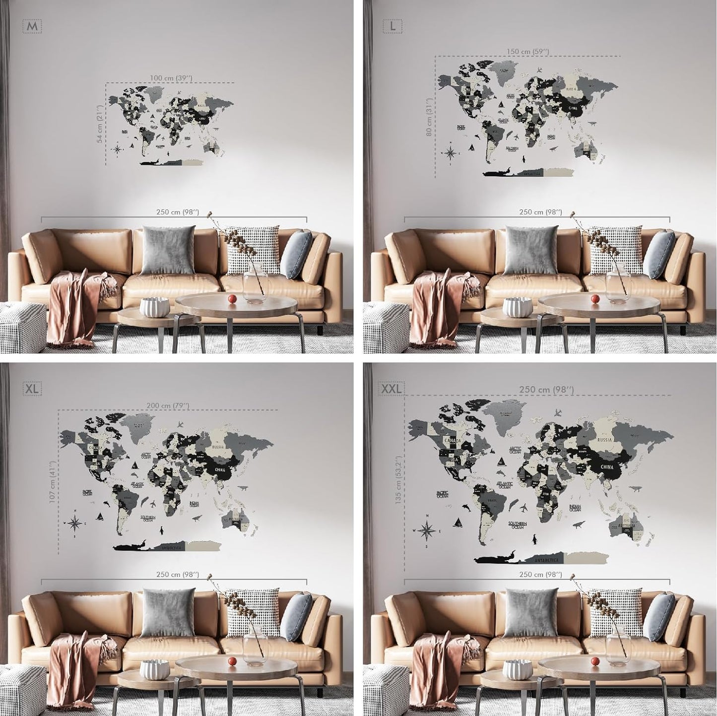 Colorfull Worlds 3D Wooden World Map Wall Art | Unique Wall Decor with Pins for Travel Enthusiasts | Home and Office Wall Décor | Grey | XXLarge