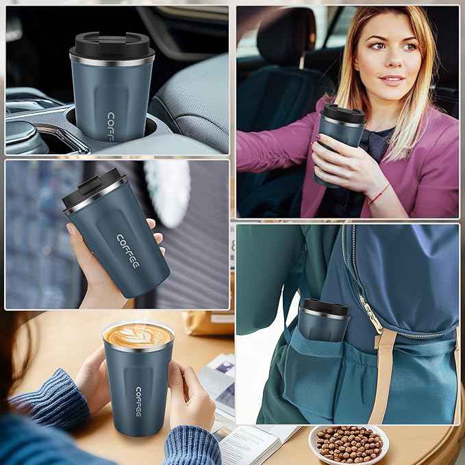 MOMSIV 12oz Travel Mug, Insulated Coffee Cup with Leakproof Lid, Vacuum Stainless Steel Double Walled Reusable Tumbler for Hot and Cold Water Coffee and Tea In Travel and Car Blue