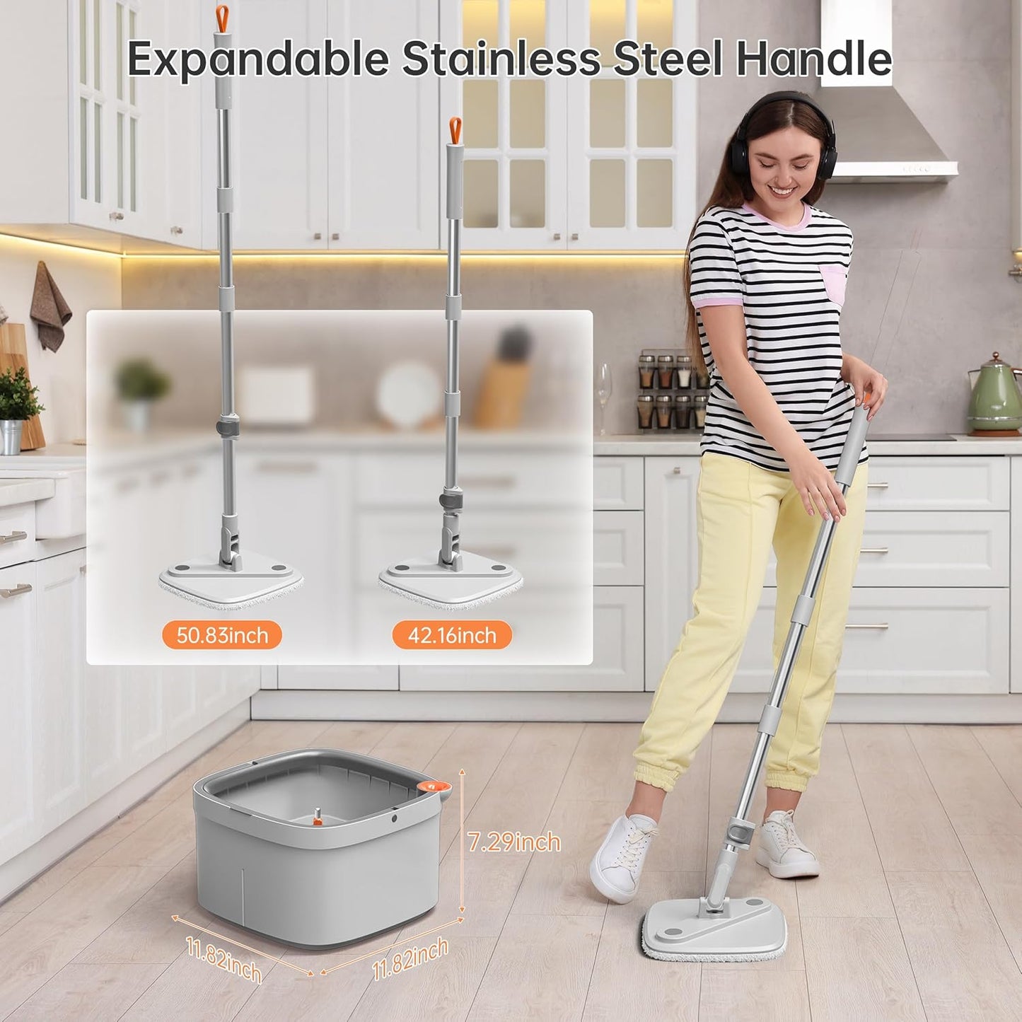 KZKR Spin Mop and Bucket Set with Self Separation Dirty and Clean Water System, Self Wringing 360° Rotating Square Mop Head for Home Floors Cleaning (1.0 Mop and Bucket Set (4 Pads))