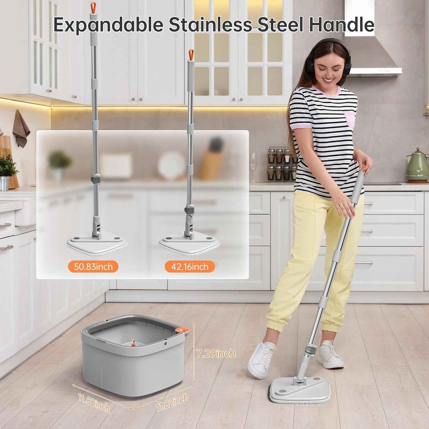 Upgraded Spin Mop and Bucket System Set, Self Separate Clean and Dirty Water, Foldable Square Standing Mop Head with Microfiber Mop Pads, Detachable Bucket (Grey, Mop Set with 6PC Pad)
